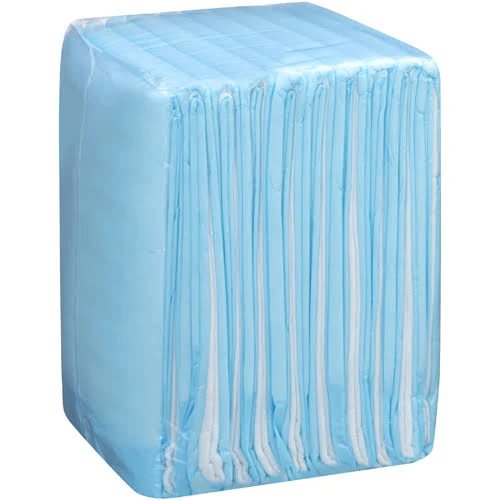 Blue underpads packed in a clear bag