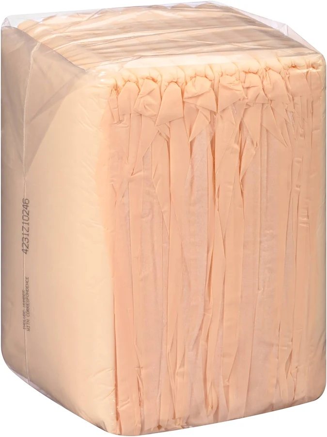 Peach underpads packed in a clear bag